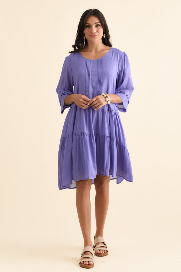 Portia Purple Cotton Asymmetrical Dress,Brunette model,alt text|model:Brontie