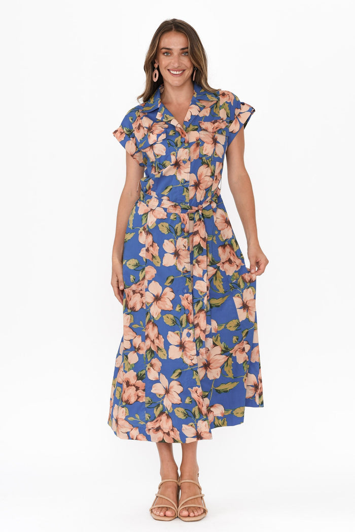 Porto Blue Floral Cotton Tie Dress,Brunette model,alt text|model:Johanna