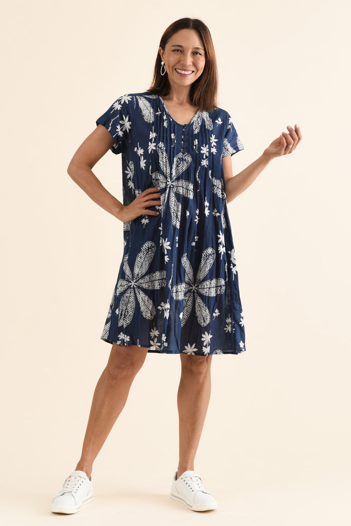 Sabina Navy Flower Crinkle Cotton Dress,Full Body,Brunette model,alt text|model:Cara