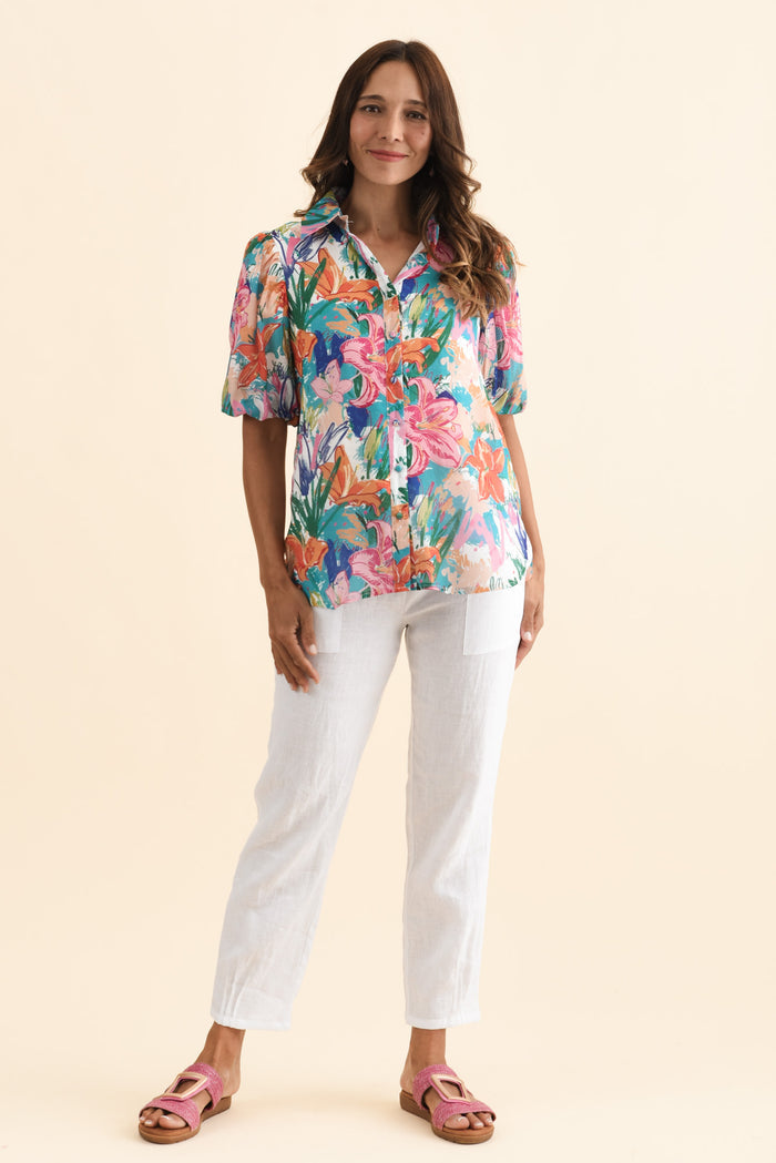 Salma Blue Lily Puff Sleeve Shirt,Brunette model,alt text|model:Cara