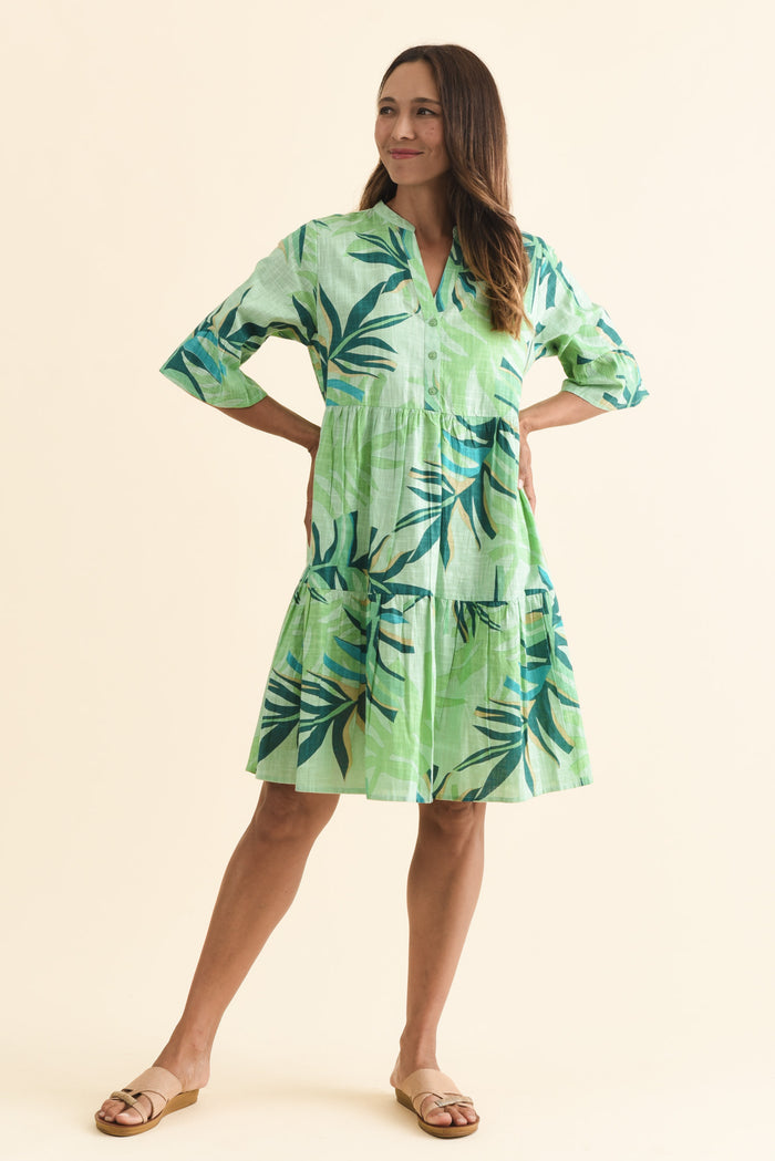 Senna Green Leaf Cotton Dress,Brunette model,alt text|model:Cara