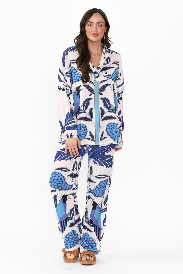 Sona Blue Tropical Wide Leg Pants,Brunette model,alt text|model:Elouise