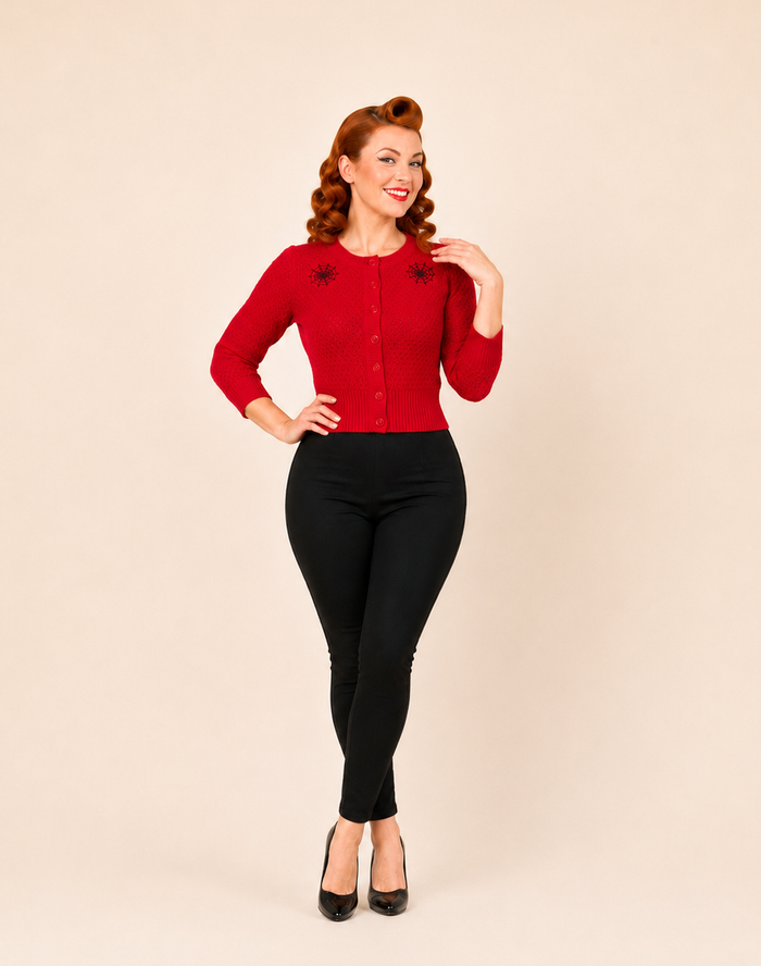 Spider Web Cardigan | Red Retro Sweater