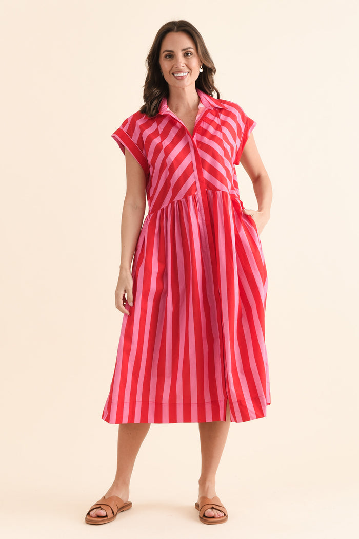 Susan Pink Stripe Cotton Collared Dress,Full Body,Brunette model,alt text|model:MJ