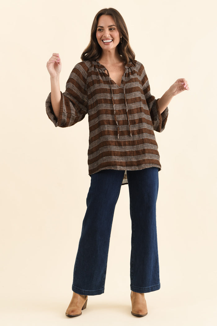 Sussana Bronze Stripe Linen Tie Top,Full Body,Brunette model,alt text|model:MJ
