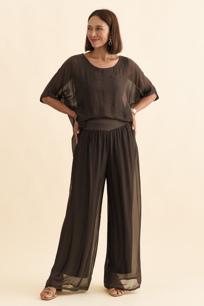 Talia Chocolate Silk Layer Top,Brunette model,alt text|model:Cara