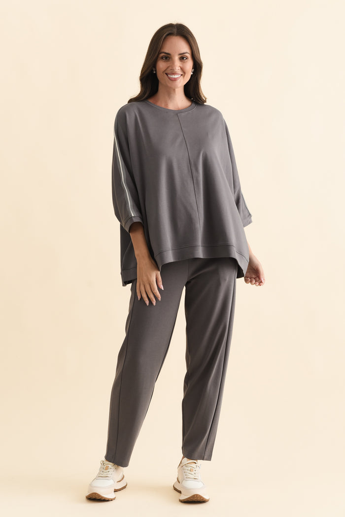 Tenille Grey Cotton Barrel Pants,Brunette model,alt text|model:MJ