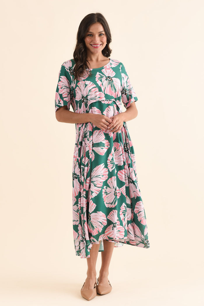 Zaelia Green Floral Crescent Dress,Full Body,Brunette model,alt text|model:Brontie