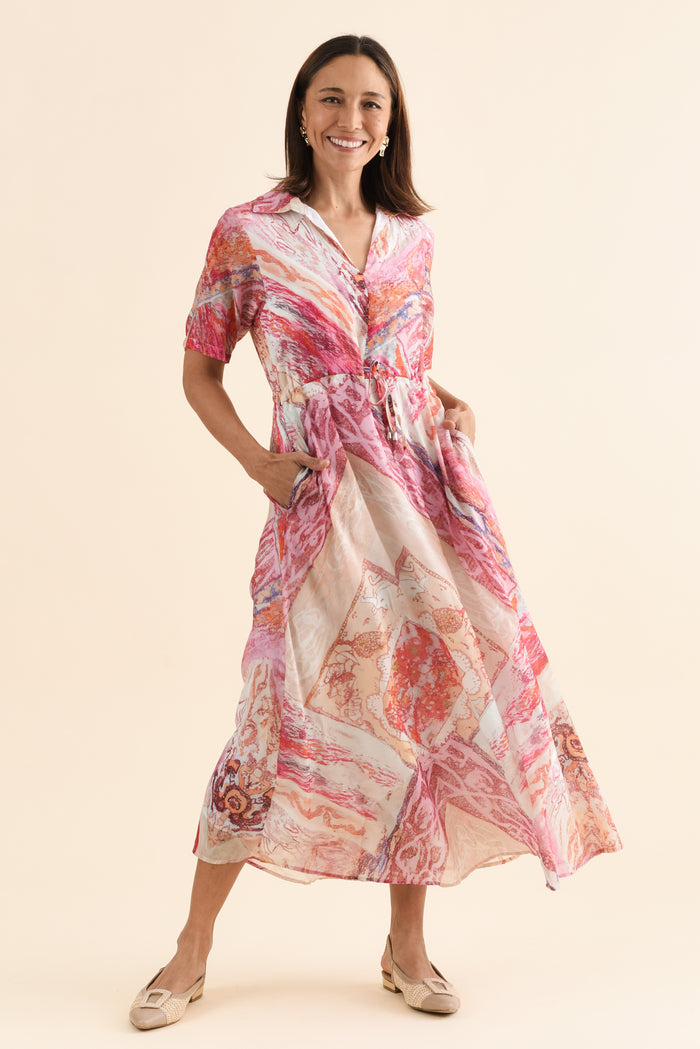 Zoya Pink Abstract Pocket Tie Dress,Full Body,Brunette model,alt text|model:Cara