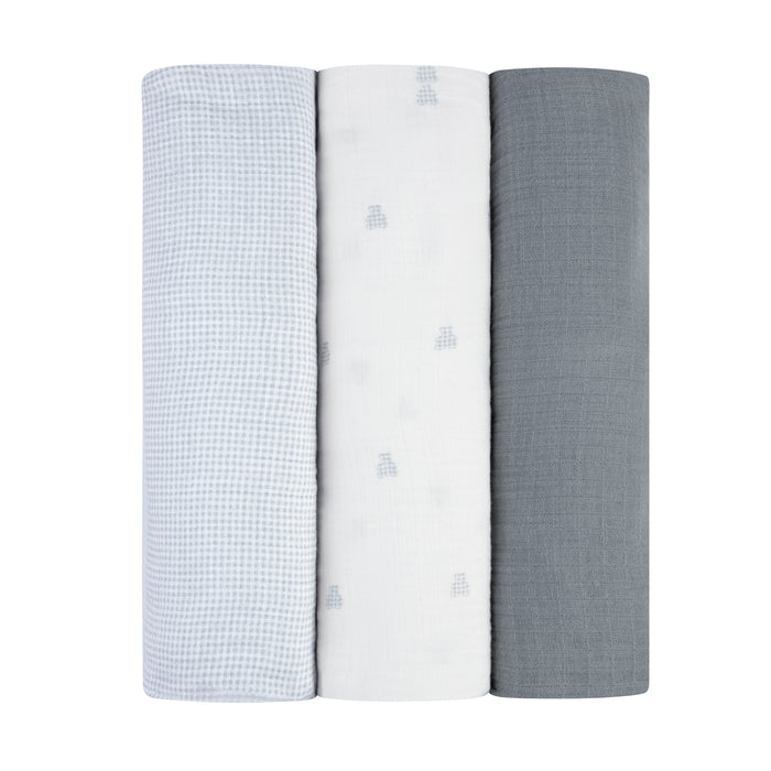 3 Pack Muslin Swaddles – Blue - Gingham Bear Collection
