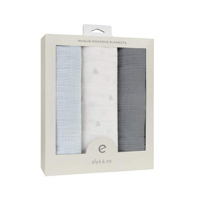 3 Pack Muslin Swaddles – Blue - Gingham Bear Collection