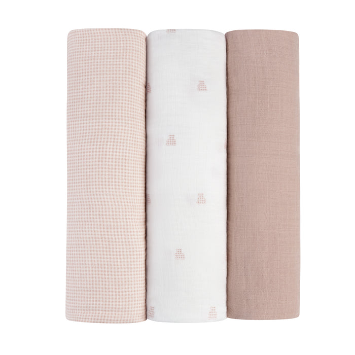 3 Pack Muslin Swaddles – Pink - Gingham Bear Collection –