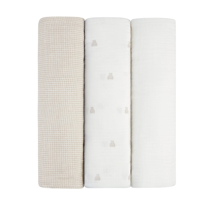 3 Pack Muslin Swaddles – Tan - Gingham Bear Collection