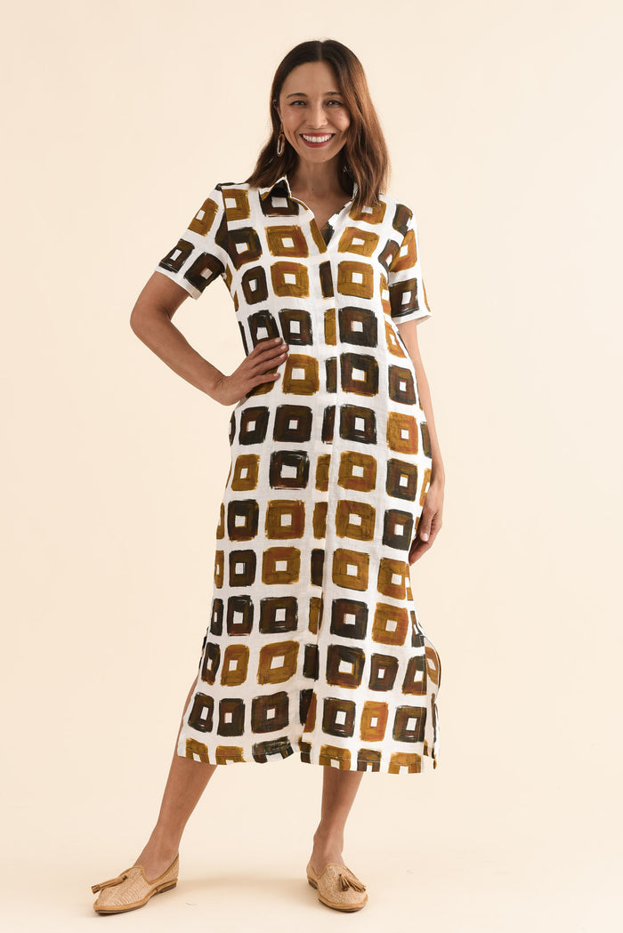 Abraham Orange Tile Linen Dress,Front,Brunette model,alt text|model:Cara