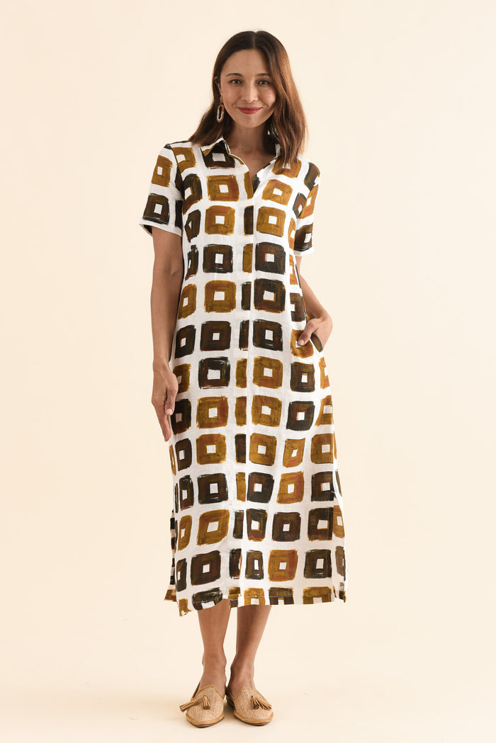 Abraham Orange Tile Linen Dress,Full Body,Brunette model,alt text|model:Cara