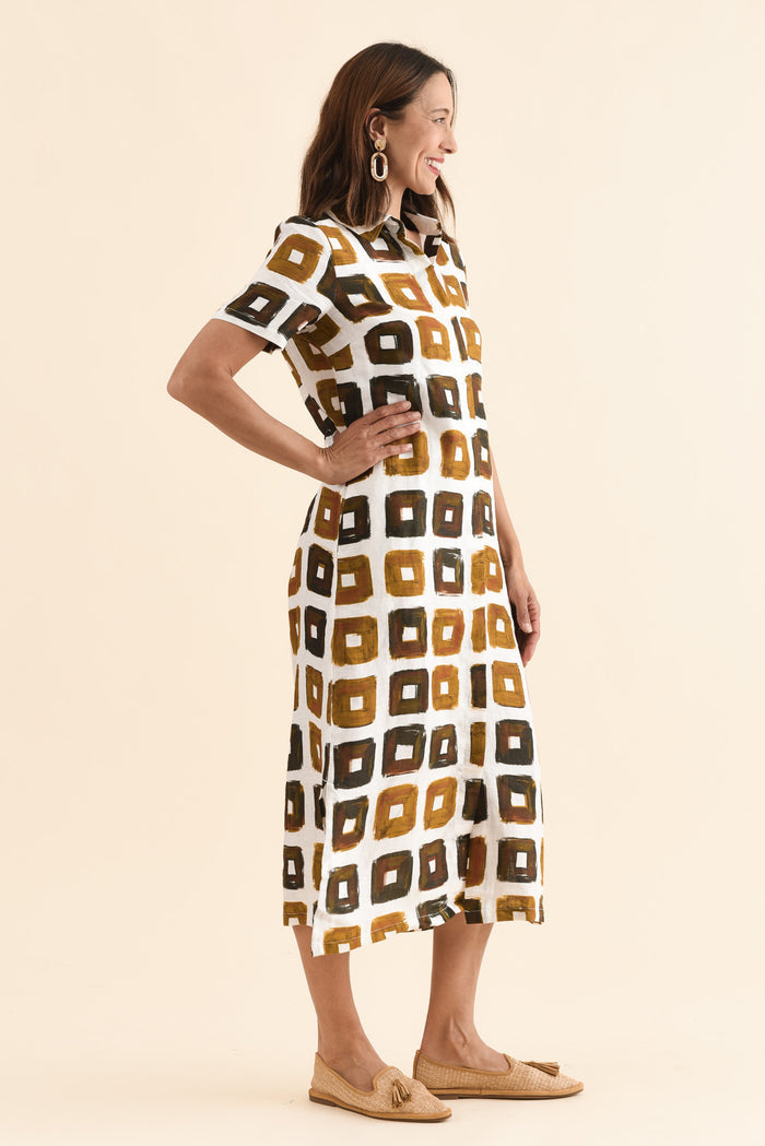 Abraham Orange Tile Linen Dress,Side,Brunette model,alt text|model:Cara
