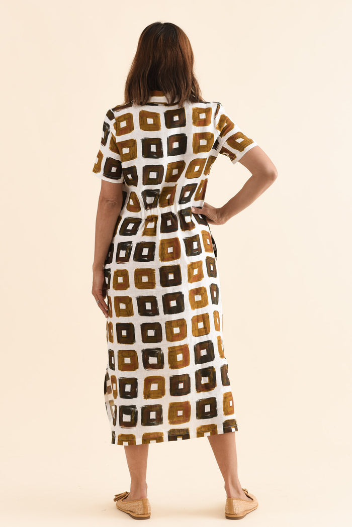 Abraham Orange Tile Linen Dress,Back,Brunette model,alt text|model:Cara