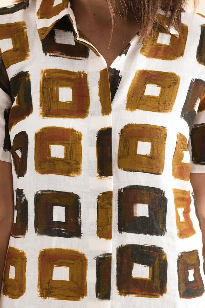 Abraham Orange Tile Linen Dress,Detail,Brunette model,alt text|model:Cara