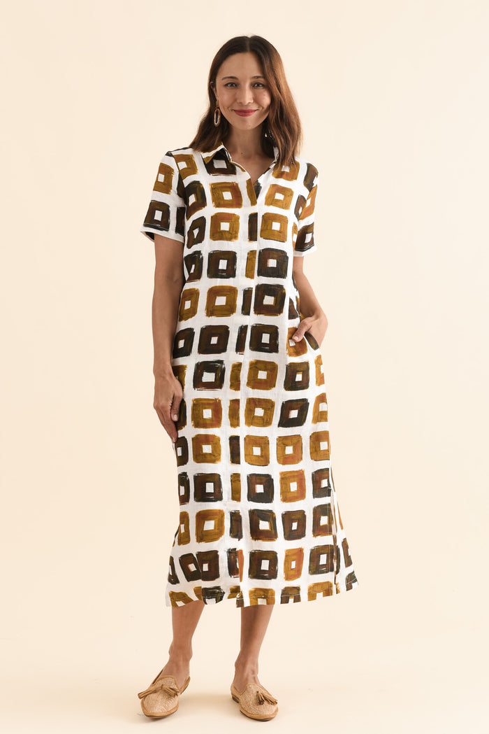 Abraham Orange Tile Linen Dress,Full Body,Brunette model,alt text|model:Cara