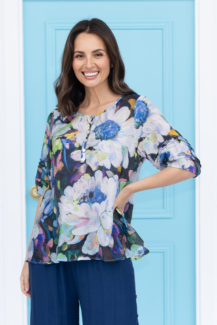 Acacia Blue Floral Button Top,brunette model,Lifestyle