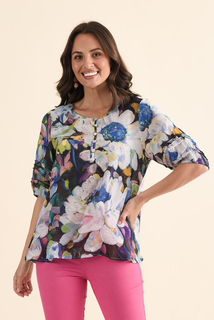 Acacia Blue Floral Button Top,brunette model,Front of Outfit,alt text|model:MJ