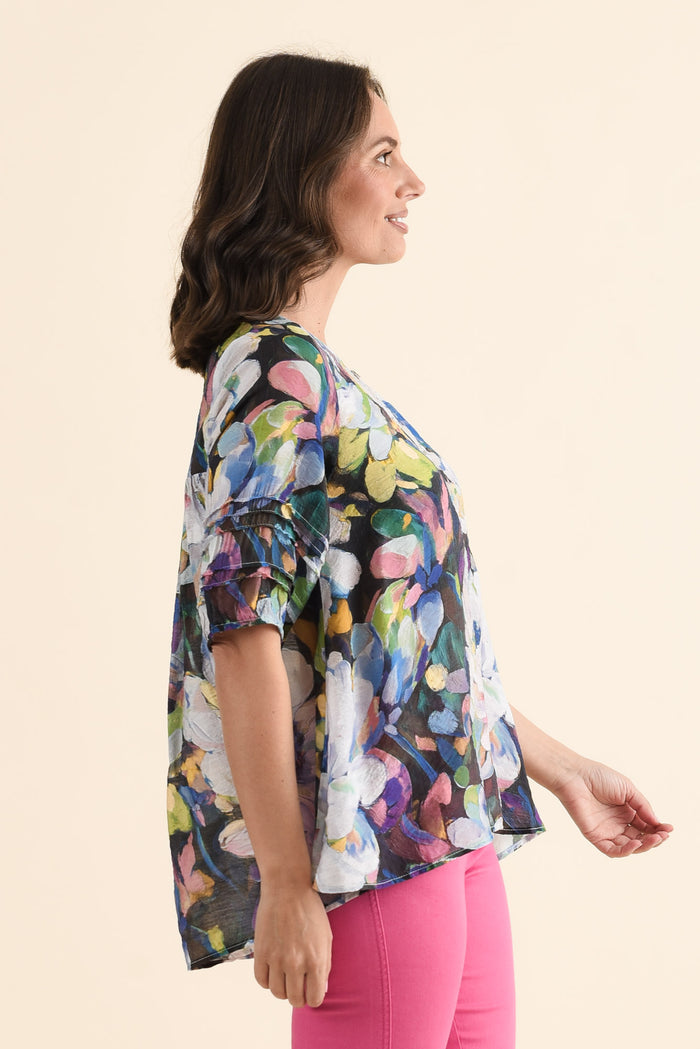 Acacia Blue Floral Button Top,brunette model,Side of Outfit,alt text|model:MJ