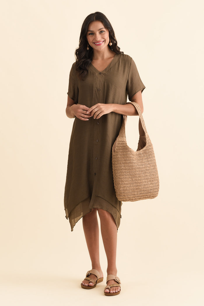 Adelaide Chocolate Layered Button Dress,Brunette model,alt text|model:Brontie
