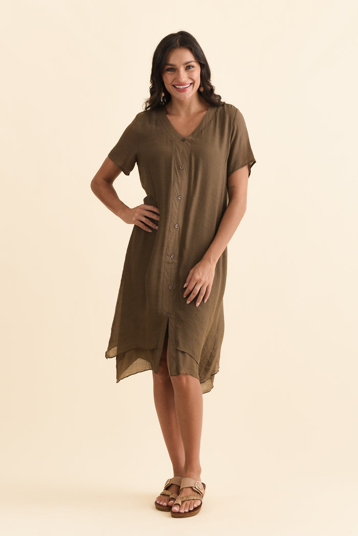 Adelaide Chocolate Layered Button Dress,Brunette model,alt text|model:Brontie