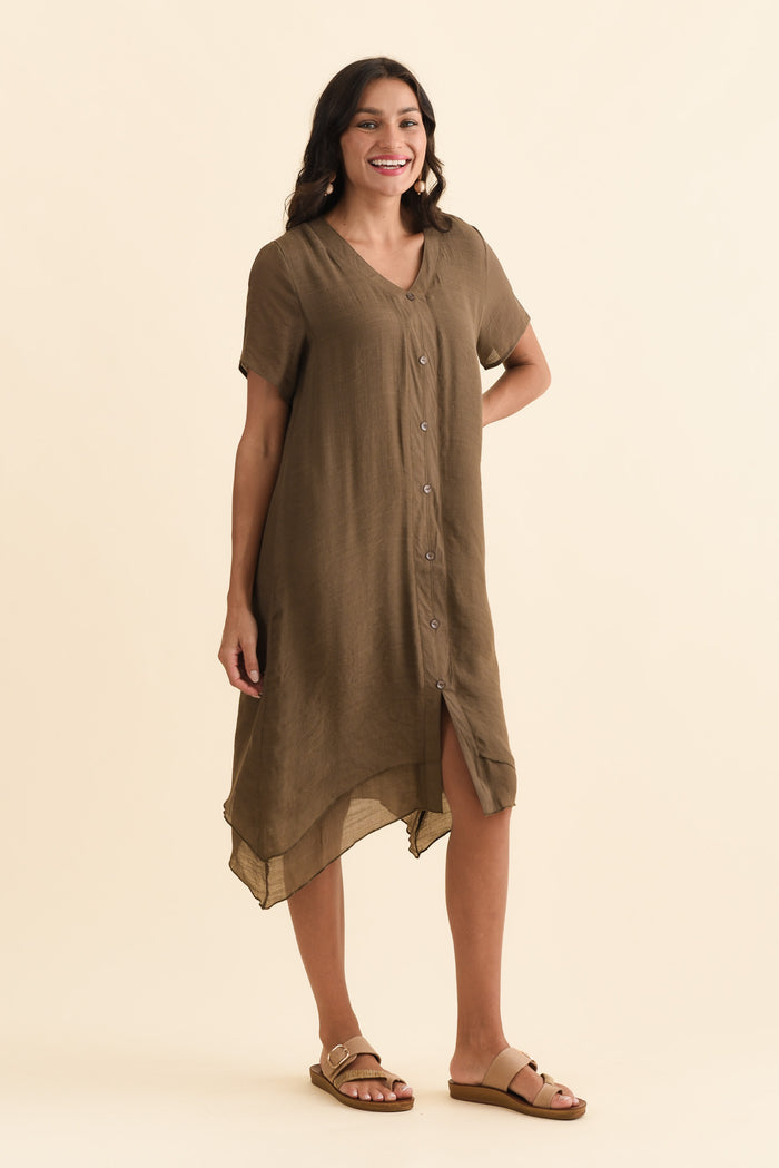 Adelaide Chocolate Layered Button Dress,Brunette model,alt text|model:Brontie