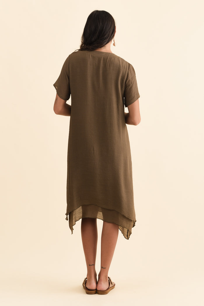 Adelaide Chocolate Layered Button Dress,Brunette model,alt text|model:Brontie