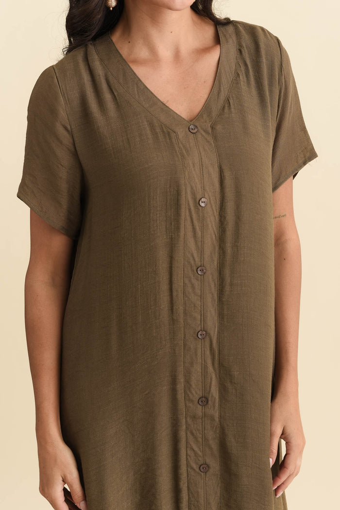 Adelaide Chocolate Layered Button Dress,Brunette model,alt text|model:Brontie