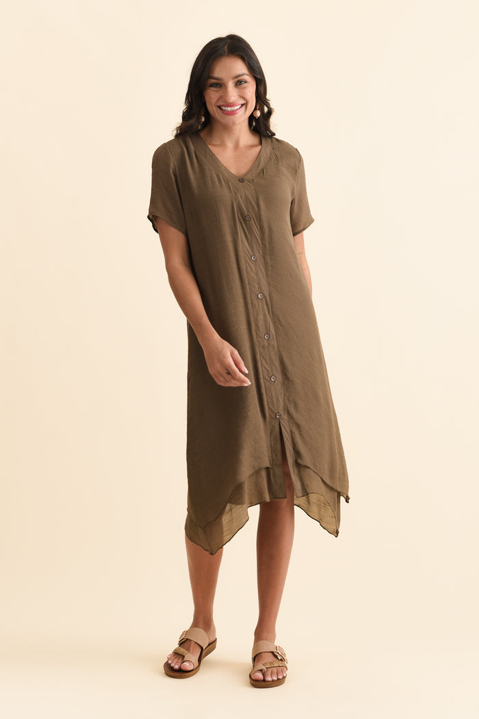 Adelaide Chocolate Layered Button Dress,Brunette model,alt text|model:Brontie
