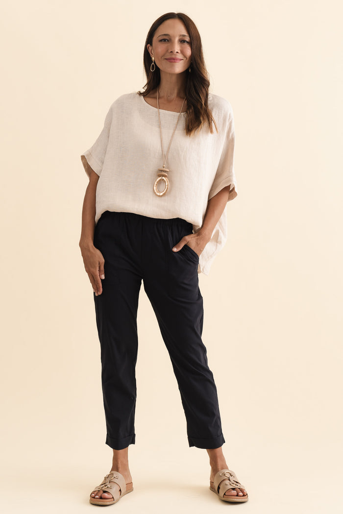 Air-Lite Navy Stretch Cropped Pants,Brunette model,alt text|model:Cara