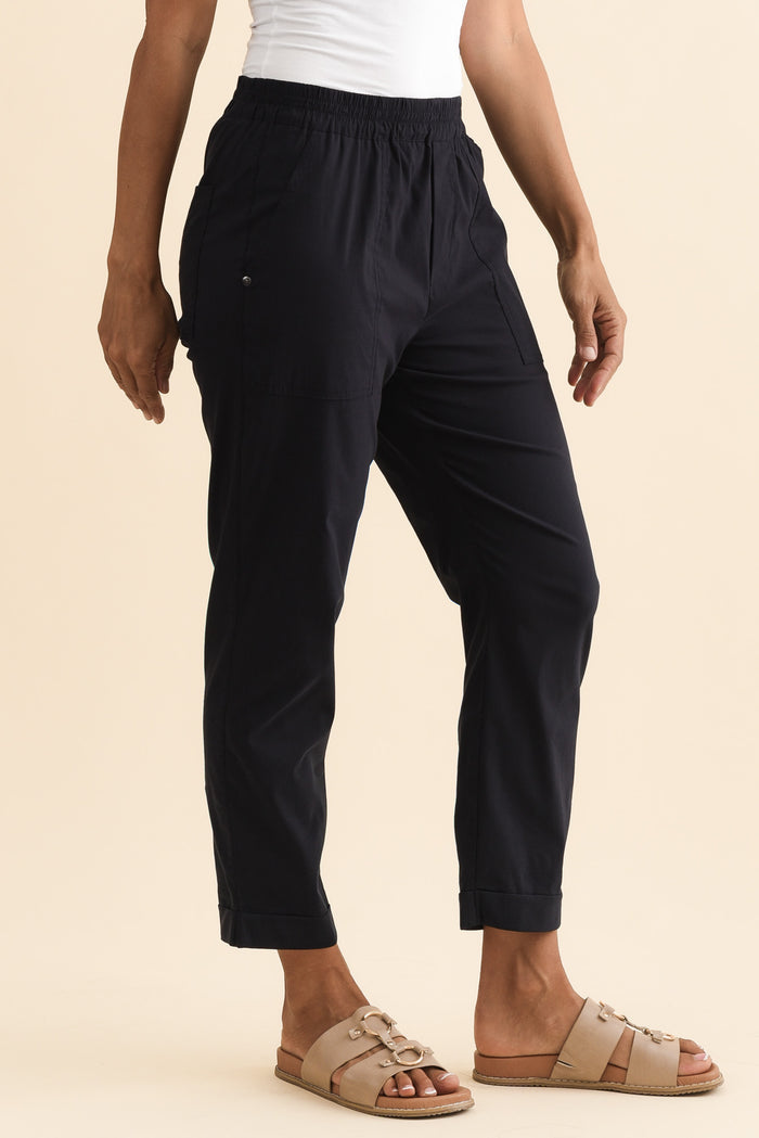 Air-Lite Navy Stretch Cropped Pants,Brunette model,alt text|model:Cara