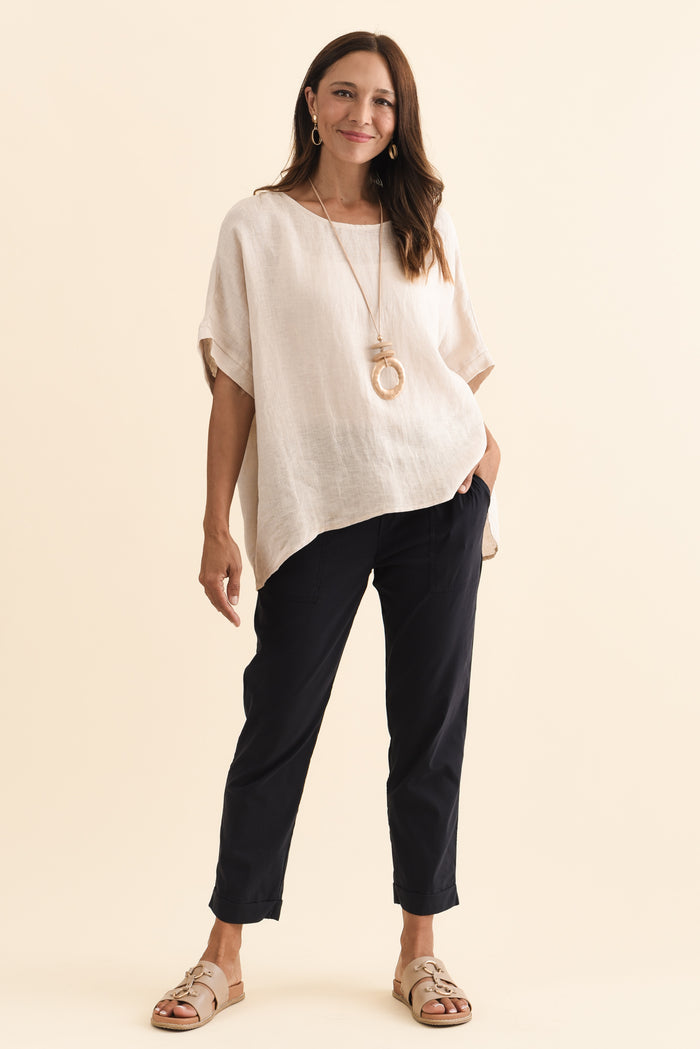 Air-Lite Navy Stretch Cropped Pants,Brunette model,alt text|model:Cara