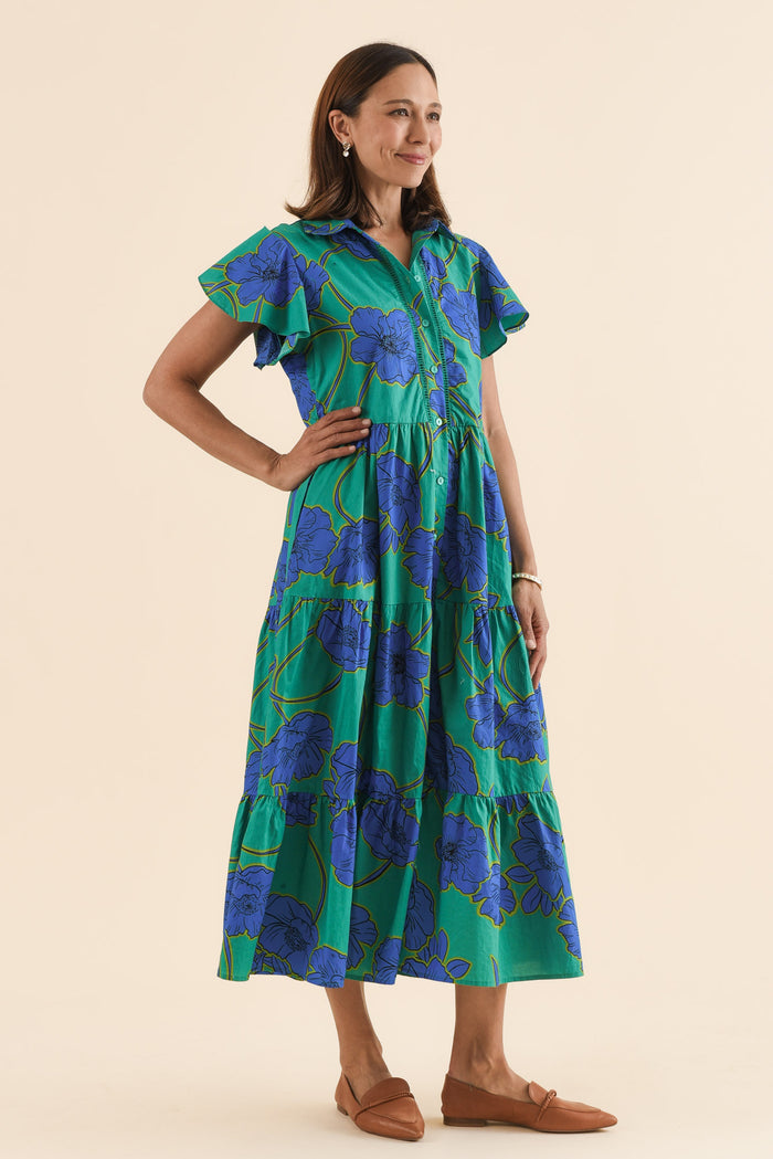 Alice Cobalt Floral Cotton Tiered Dress,Side,Brunette model,alt text|model:Cara