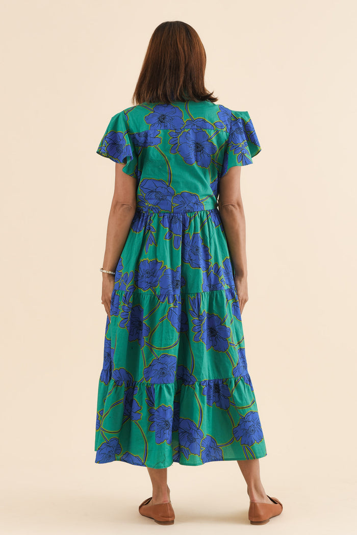 Alice Cobalt Floral Cotton Tiered Dress,Back,Brunette model,alt text|model:Cara