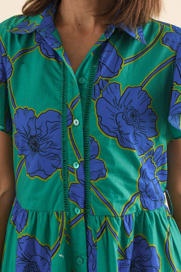 Alice Cobalt Floral Cotton Tiered Dress,Detail,Brunette model,alt text|model:Cara