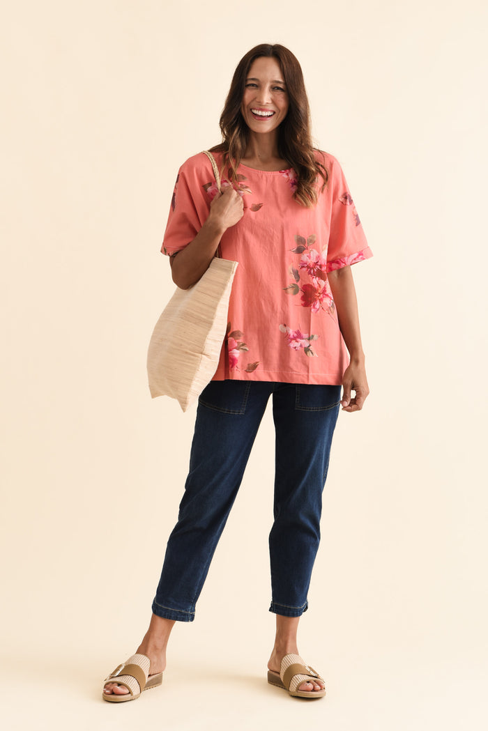 Aliya Orange Flower Cotton Top,Brunette model,alt text|model:Cara