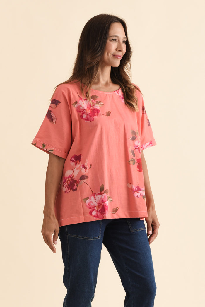 Aliya Orange Flower Cotton Top,Brunette model,alt text|model:Cara