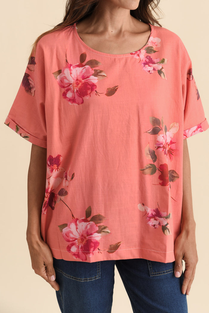 Aliya Orange Flower Cotton Top,Brunette model,alt text|model:Cara