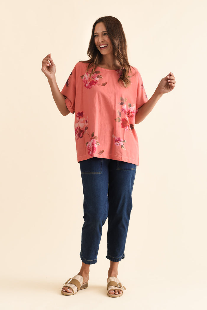 Aliya Orange Flower Cotton Top,Brunette model,alt text|model:Cara