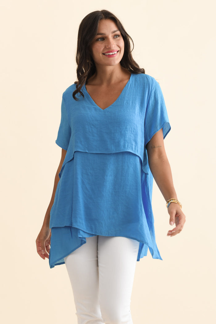Alvina Azure Blue Layered Tunic Top,Brunette model,alt text|model:Brontie
