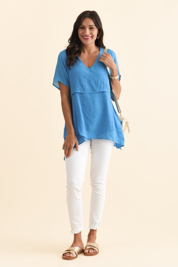 Alvina Azure Blue Layered Tunic Top,Brunette model,alt text|model:Brontie