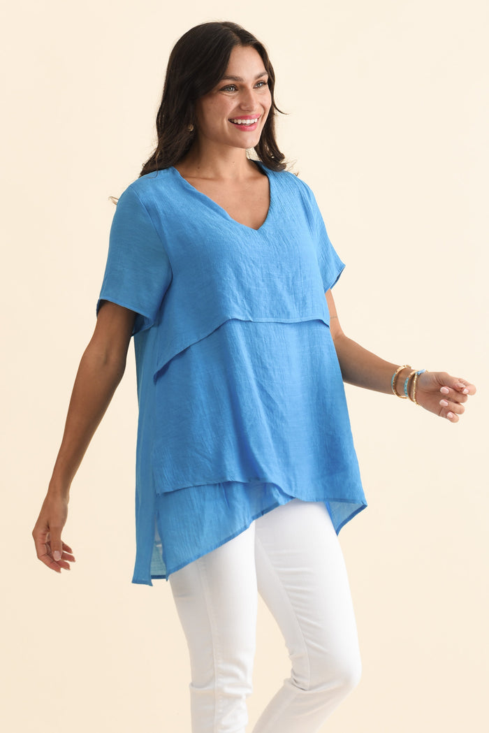 Alvina Azure Blue Layered Tunic Top,Brunette model,alt text|model:Brontie