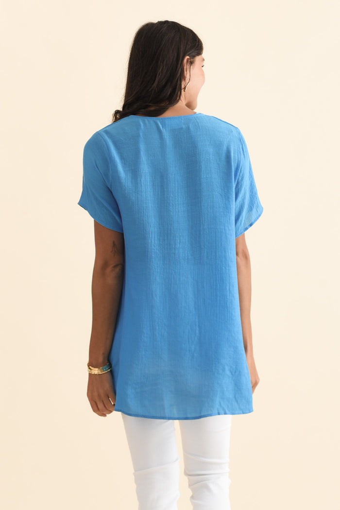 Alvina Azure Blue Layered Tunic Top,Brunette model,alt text|model:Brontie