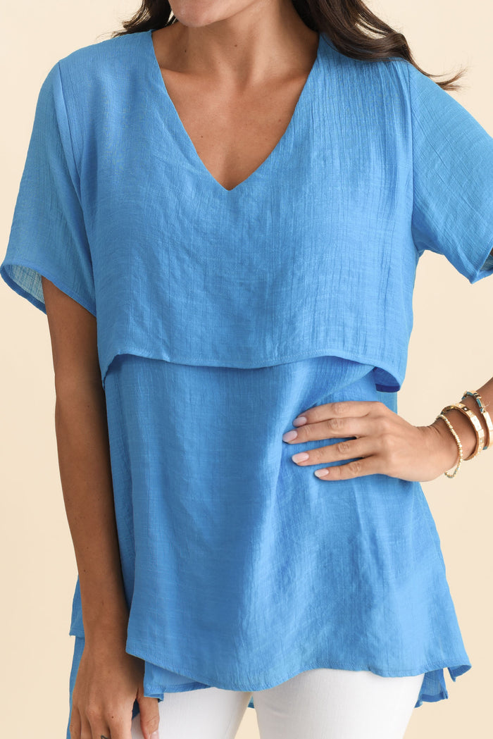 Alvina Azure Blue Layered Tunic Top,Brunette model,alt text|model:Brontie