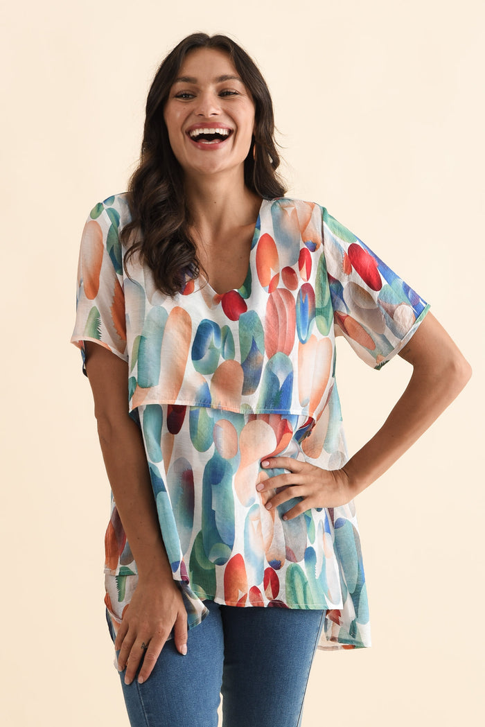 Alvina Blue Abstract Layered Tunic Top,Brunette model,alt text|model:Brontie