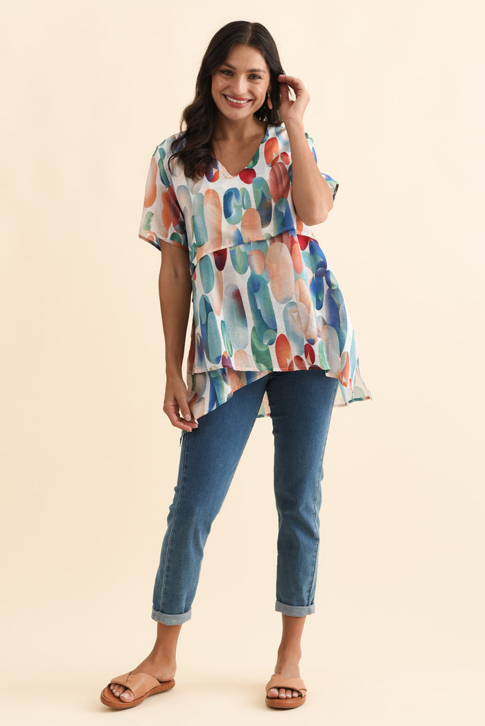 Alvina Blue Abstract Layered Tunic Top,Brunette model,alt text|model:Brontie