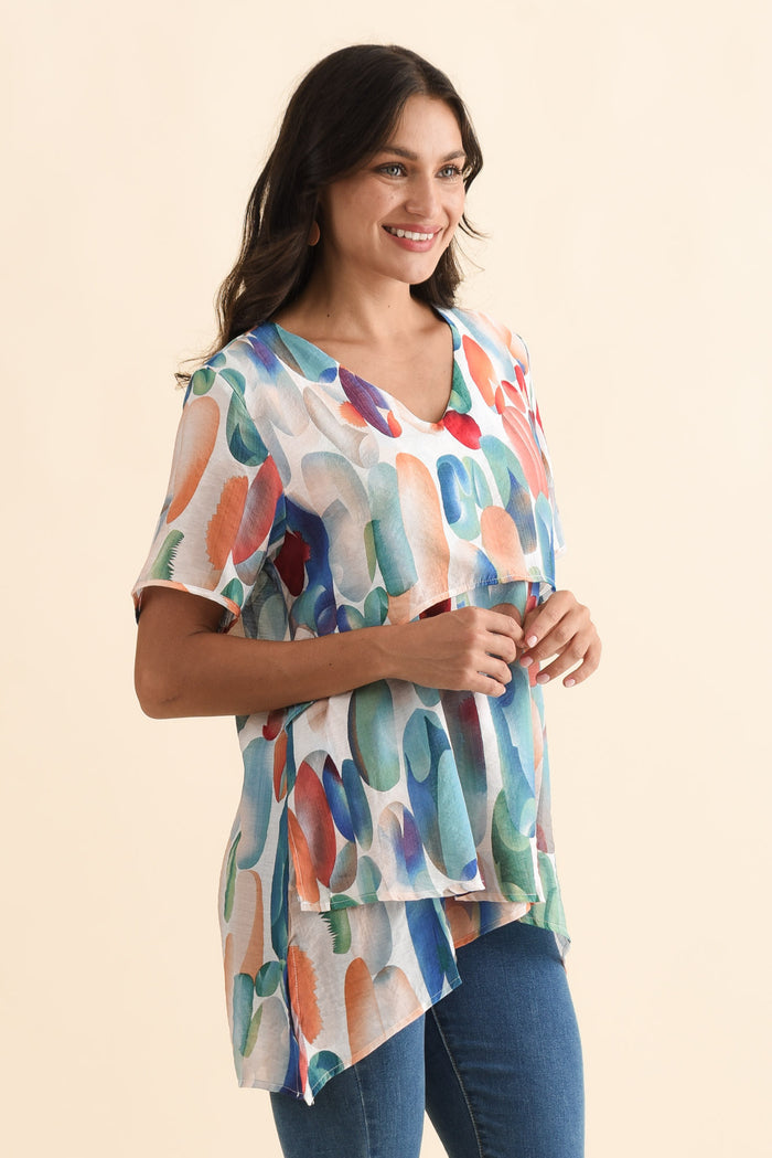 Alvina Blue Abstract Layered Tunic Top,Brunette model,alt text|model:Brontie